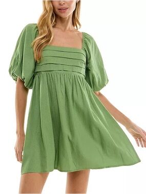 City Triangles Square Neck Puff Sleeve Mini Dress in Sage Green